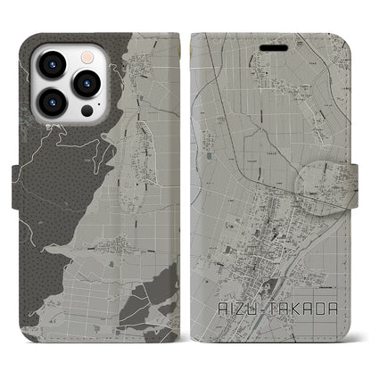 【会津高田（福島県）】地図柄iPhoneケース（手帳タイプ）モノトーン・iPhone 13 Pro 用