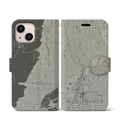 【会津高田（福島県）】地図柄iPhoneケース（手帳タイプ）モノトーン・iPhone 13 mini 用