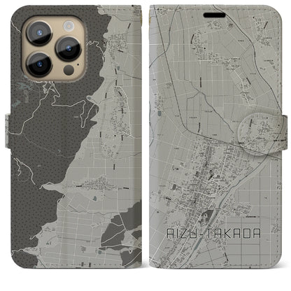 【会津高田（福島県）】地図柄iPhoneケース（手帳タイプ）モノトーン・iPhone 14 Pro Max 用