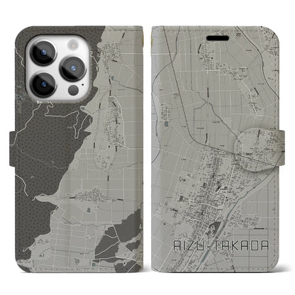 【会津高田（福島県）】地図柄iPhoneケース（手帳タイプ）モノトーン・iPhone 14 Pro 用