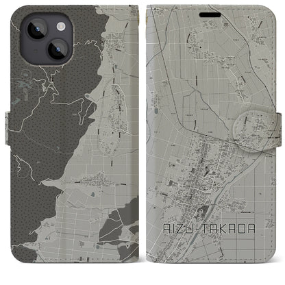 【会津高田（福島県）】地図柄iPhoneケース（手帳タイプ）モノトーン・iPhone 14 Plus 用