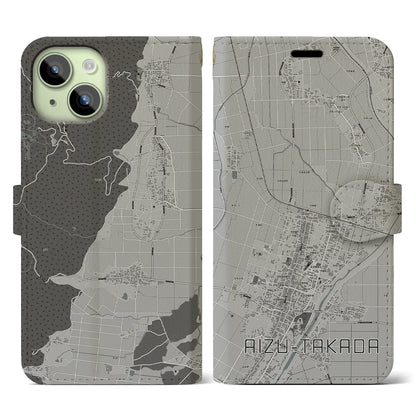 【会津高田（福島県）】地図柄iPhoneケース（手帳タイプ）モノトーン・iPhone 15 用