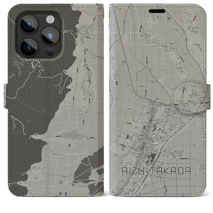 【会津高田（福島県）】地図柄iPhoneケース（手帳タイプ）モノトーン・iPhone 15 Pro Max 用