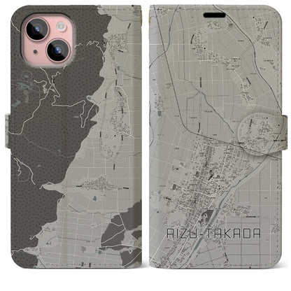 【会津高田（福島県）】地図柄iPhoneケース（手帳タイプ）モノトーン・iPhone 15 Plus 用