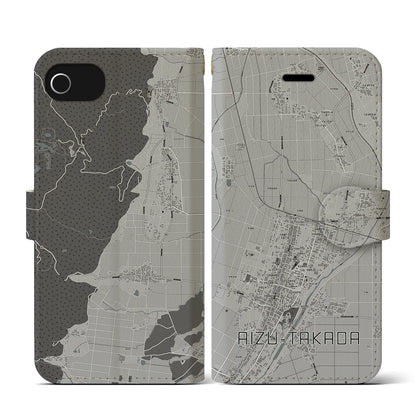 【会津高田（福島県）】地図柄iPhoneケース（手帳タイプ）モノトーン・iPhone SE（第3 / 第2世代） / 8 / 7 / 6s / 6 用