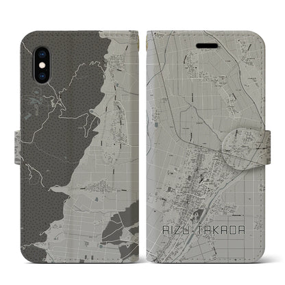 【会津高田（福島県）】地図柄iPhoneケース（手帳タイプ）モノトーン・iPhone XS / X 用
