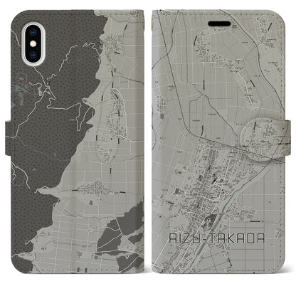 【会津高田（福島県）】地図柄iPhoneケース（手帳タイプ）モノトーン・iPhone XS Max 用