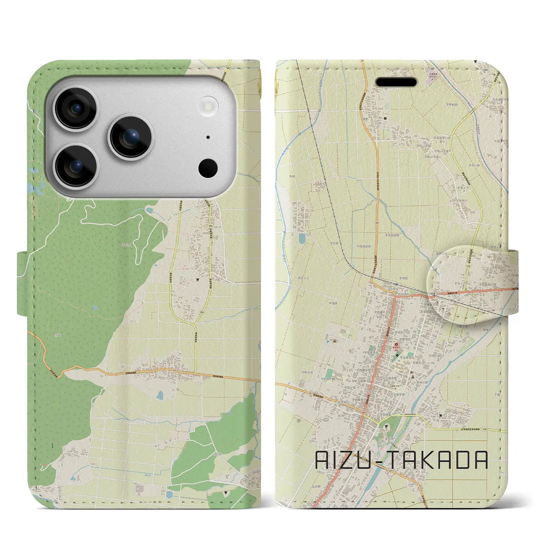 【会津高田（福島県）】地図柄iPhoneケース（手帳タイプ）ナチュラル・iPhone 17 Pro Max 用