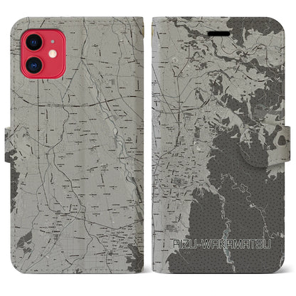 【会津若松（福島県）】地図柄iPhoneケース（手帳タイプ）モノトーン・iPhone 11 用