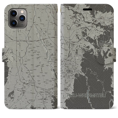 【会津若松（福島県）】地図柄iPhoneケース（手帳タイプ）モノトーン・iPhone 11 Pro Max 用