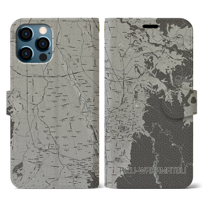 【会津若松（福島県）】地図柄iPhoneケース（手帳タイプ）モノトーン・iPhone 12 / 12 Pro 用