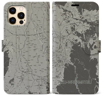 【会津若松（福島県）】地図柄iPhoneケース（手帳タイプ）モノトーン・iPhone 12 Pro Max 用