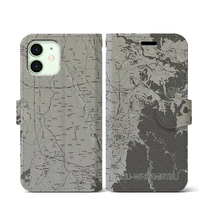 【会津若松（福島県）】地図柄iPhoneケース（手帳タイプ）モノトーン・iPhone 12 mini 用