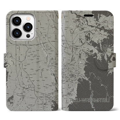 【会津若松（福島県）】地図柄iPhoneケース（手帳タイプ）モノトーン・iPhone 13 Pro 用