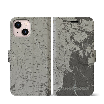 【会津若松（福島県）】地図柄iPhoneケース（手帳タイプ）モノトーン・iPhone 13 mini 用