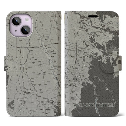 【会津若松（福島県）】地図柄iPhoneケース（手帳タイプ）モノトーン・iPhone 14 用