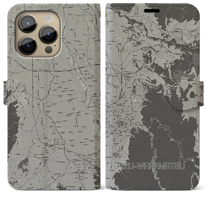 【会津若松（福島県）】地図柄iPhoneケース（手帳タイプ）モノトーン・iPhone 14 Pro Max 用