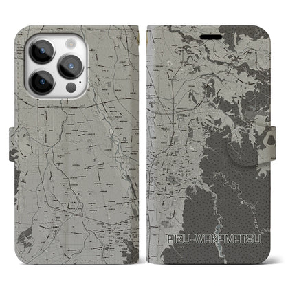 【会津若松（福島県）】地図柄iPhoneケース（手帳タイプ）モノトーン・iPhone 14 Pro 用