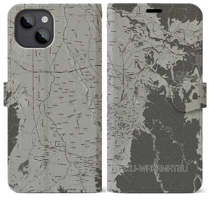 【会津若松（福島県）】地図柄iPhoneケース（手帳タイプ）モノトーン・iPhone 14 Plus 用