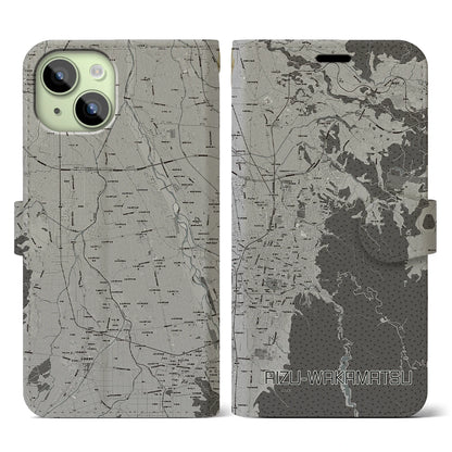 【会津若松（福島県）】地図柄iPhoneケース（手帳タイプ）モノトーン・iPhone 15 用