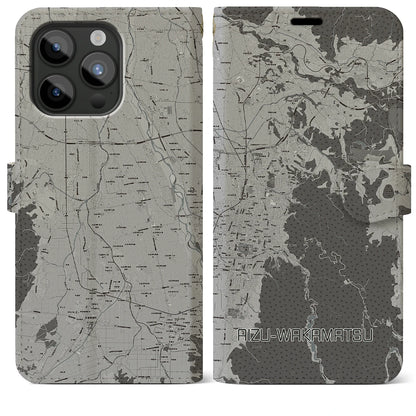 【会津若松（福島県）】地図柄iPhoneケース（手帳タイプ）モノトーン・iPhone 15 Pro Max 用