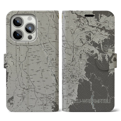 【会津若松（福島県）】地図柄iPhoneケース（手帳タイプ）モノトーン・iPhone 15 Pro 用