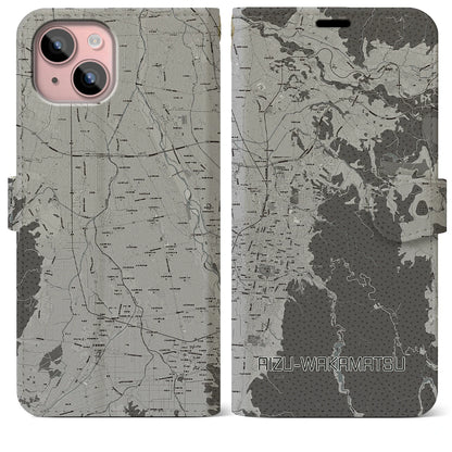 【会津若松（福島県）】地図柄iPhoneケース（手帳タイプ）モノトーン・iPhone 15 Plus 用