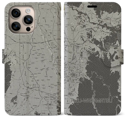 【会津若松（福島県）】地図柄iPhoneケース（手帳タイプ）モノトーン・iPhone 16 Plus 用