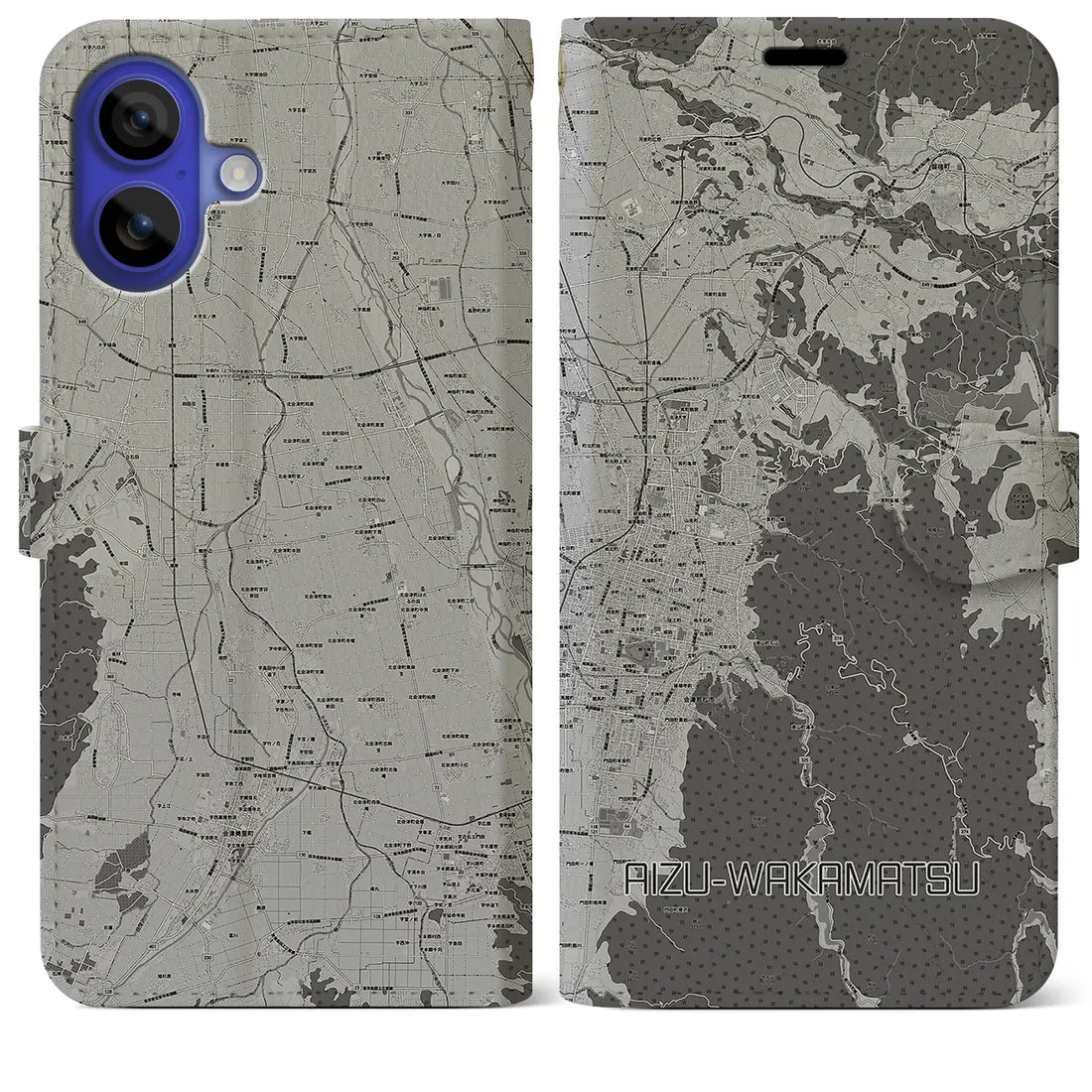 【会津若松(福島県)】地図柄iPhoneケース(手帳タイプ)モノトーン・iPhone 16 Pro Max 用