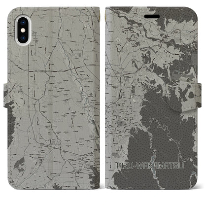 【会津若松（福島県）】地図柄iPhoneケース（手帳タイプ）モノトーン・iPhone XS Max 用