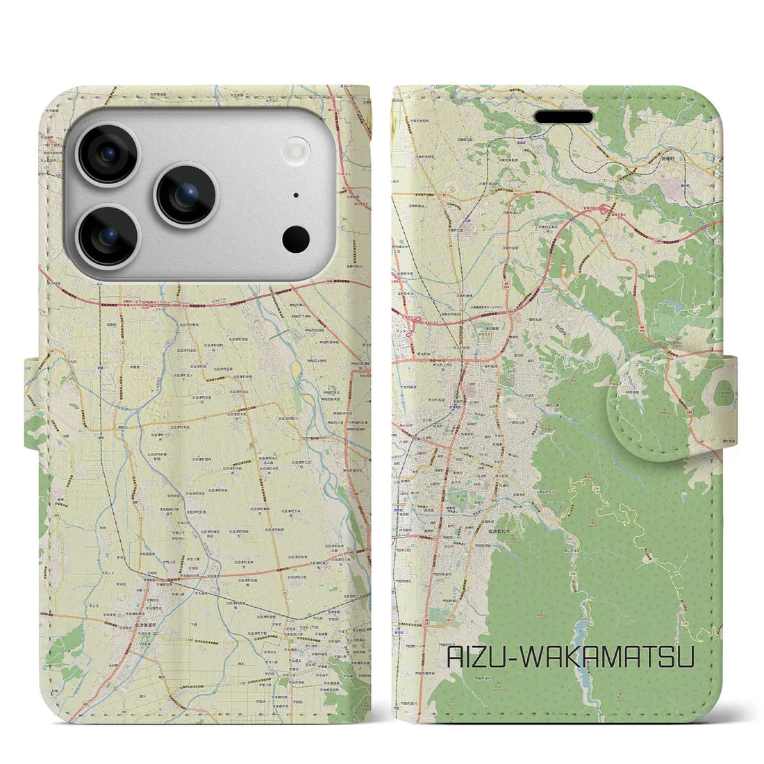 【会津若松（福島県）】地図柄iPhoneケース（手帳タイプ）ナチュラル・iPhone 17 Pro Max 用