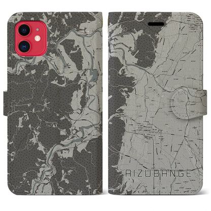 【会津坂下（福島県）】地図柄iPhoneケース（手帳タイプ）モノトーン・iPhone 11 用