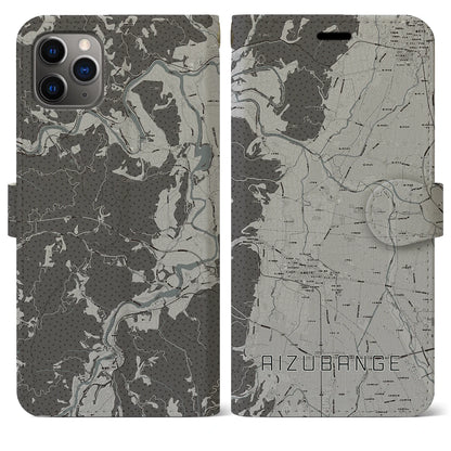 【会津坂下（福島県）】地図柄iPhoneケース（手帳タイプ）モノトーン・iPhone 11 Pro Max 用