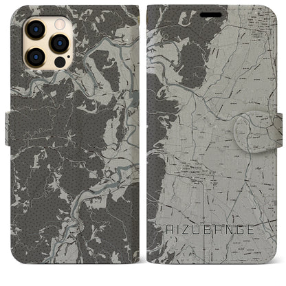 【会津坂下（福島県）】地図柄iPhoneケース（手帳タイプ）モノトーン・iPhone 12 Pro Max 用