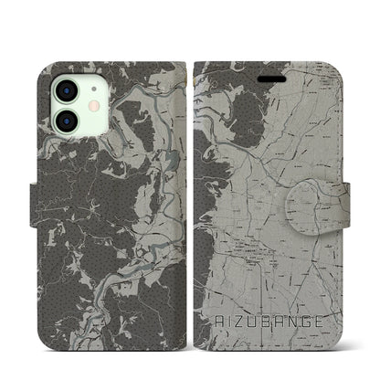 【会津坂下（福島県）】地図柄iPhoneケース（手帳タイプ）モノトーン・iPhone 12 mini 用