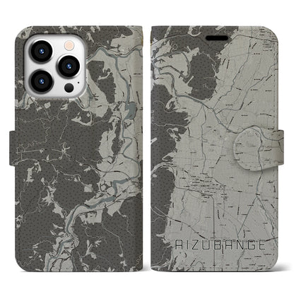 【会津坂下（福島県）】地図柄iPhoneケース（手帳タイプ）モノトーン・iPhone 13 Pro 用