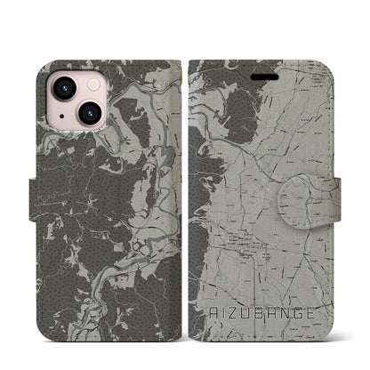 【会津坂下（福島県）】地図柄iPhoneケース（手帳タイプ）モノトーン・iPhone 13 mini 用