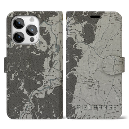 【会津坂下（福島県）】地図柄iPhoneケース（手帳タイプ）モノトーン・iPhone 14 Pro 用