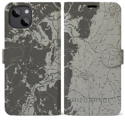 【会津坂下（福島県）】地図柄iPhoneケース（手帳タイプ）モノトーン・iPhone 14 Plus 用