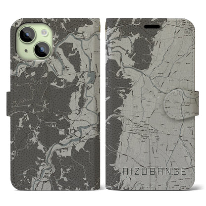 【会津坂下（福島県）】地図柄iPhoneケース（手帳タイプ）モノトーン・iPhone 15 用