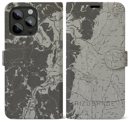 【会津坂下（福島県）】地図柄iPhoneケース（手帳タイプ）モノトーン・iPhone 15 Pro Max 用