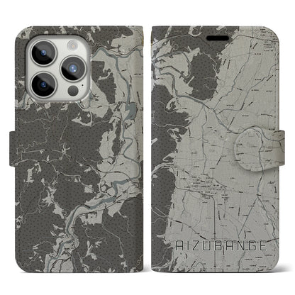 【会津坂下（福島県）】地図柄iPhoneケース（手帳タイプ）モノトーン・iPhone 15 Pro 用