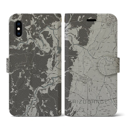 【会津坂下（福島県）】地図柄iPhoneケース（手帳タイプ）モノトーン・iPhone XS / X 用