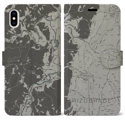 【会津坂下（福島県）】地図柄iPhoneケース（手帳タイプ）モノトーン・iPhone XS Max 用