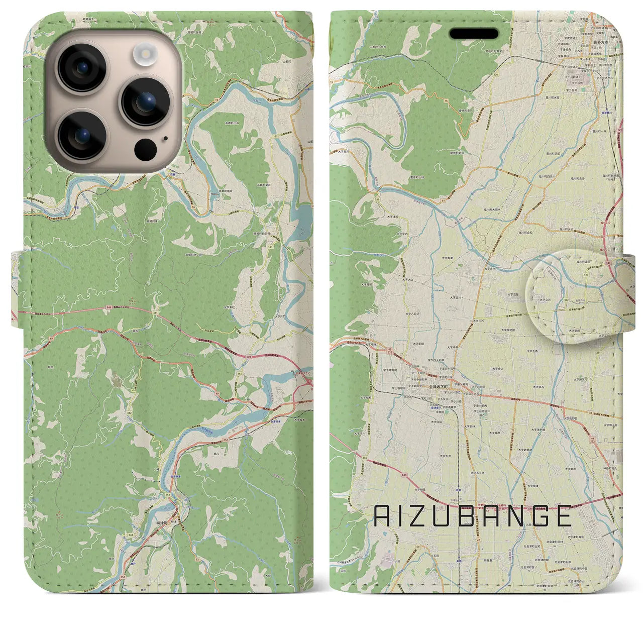 【会津坂下（福島県）】地図柄iPhoneケース（手帳タイプ）ナチュラル・iPhone 16 Plus 用