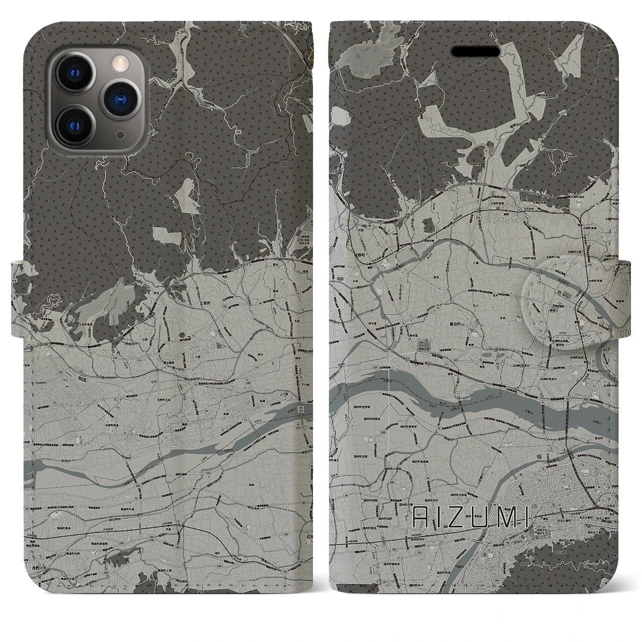 【藍住】地図柄iPhoneケース（手帳両面タイプ・モノトーン）iPhone 11 Pro Max 用