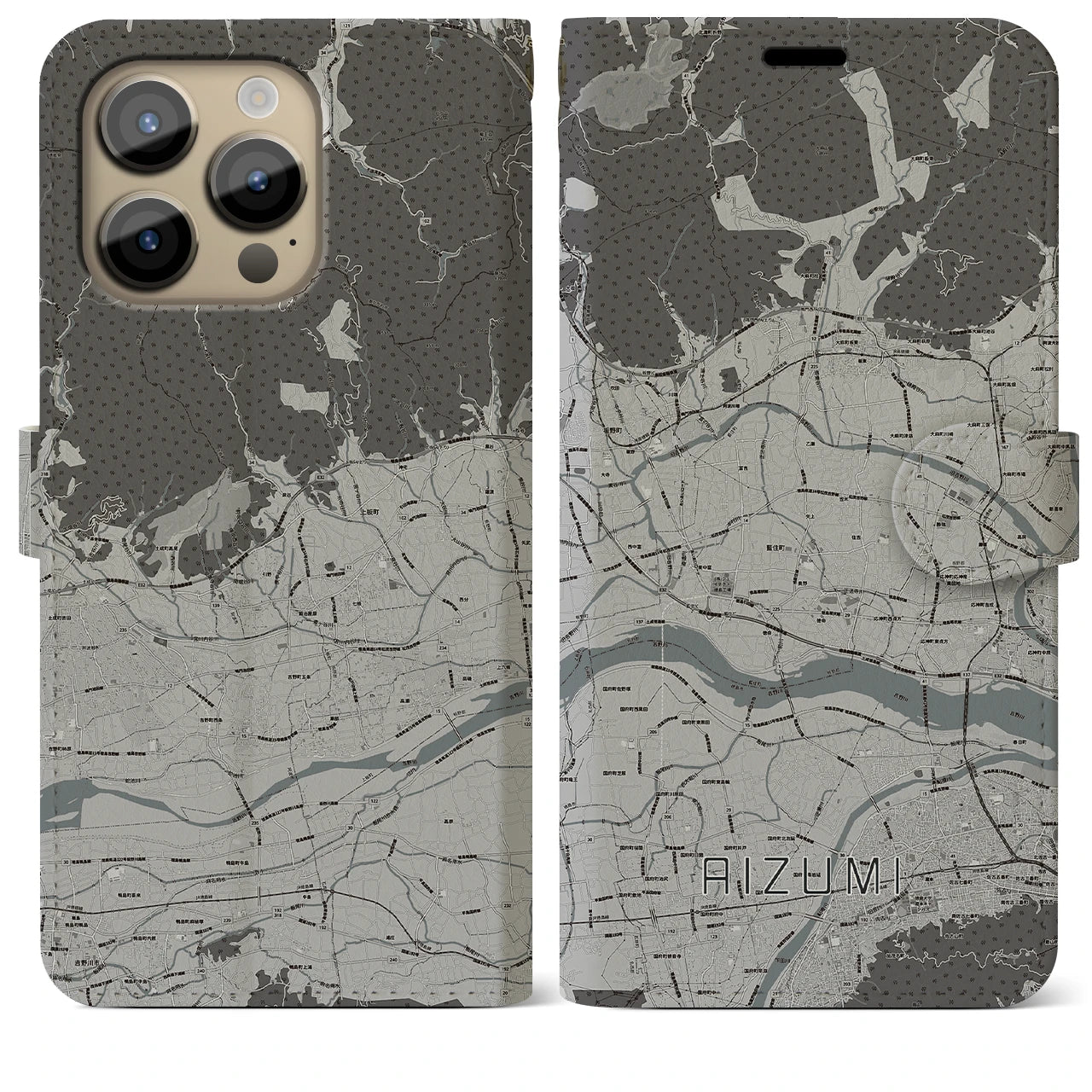 【藍住】地図柄iPhoneケース（手帳両面タイプ・モノトーン）iPhone 14 Pro Max 用