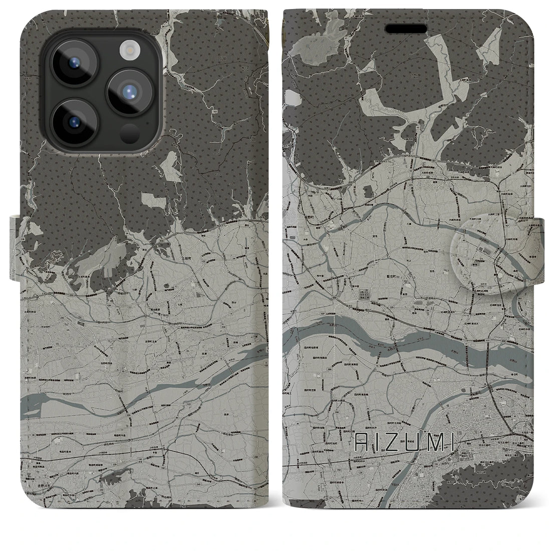 【藍住】地図柄iPhoneケース（手帳両面タイプ・モノトーン）iPhone 15 Pro Max 用