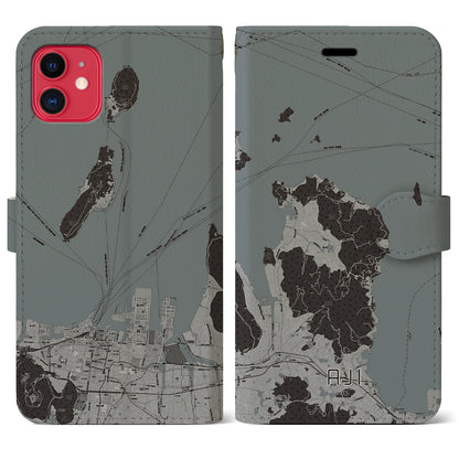 【庵治（香川県）】地図柄iPhoneケース（手帳タイプ）モノトーン・iPhone 11 用