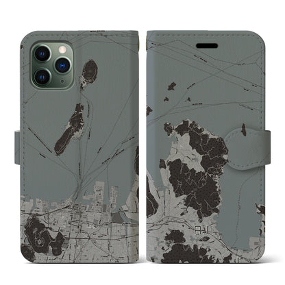 【庵治（香川県）】地図柄iPhoneケース（手帳タイプ）モノトーン・iPhone 11 Pro 用